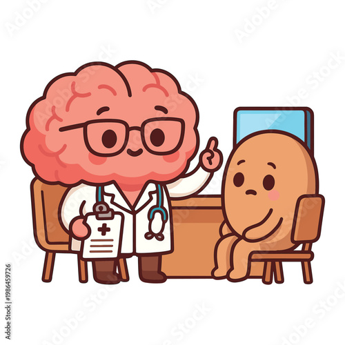 Cartoon brain doctor consulting patient in clinic