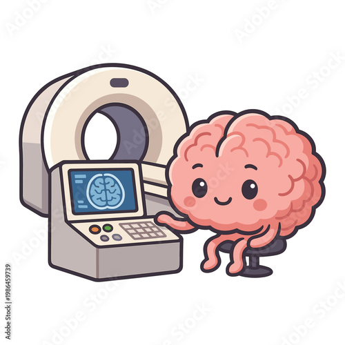 Cute brain cartoon sitting at MRI scanner control panel