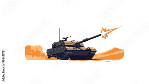 Military Tank Firing Cannon Blast.
