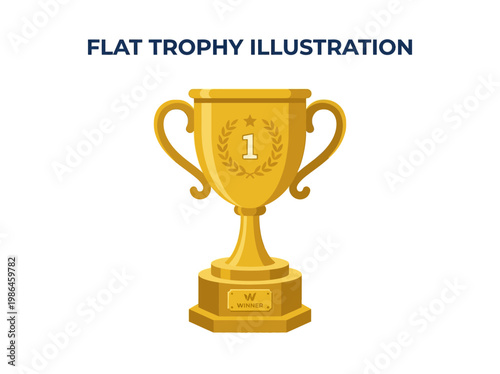 A golden trophy with a laurel wreath and the number '1' inside a circle, representing victory and achievement, presented in a flat illustration style