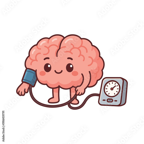 Cute brain measuring blood pressure flat vector illustration