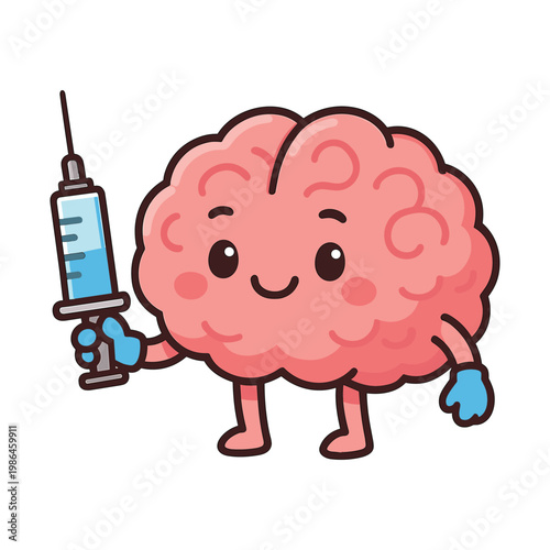 Cartoon brain holding syringe with gloves flat vector