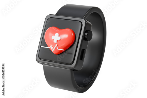 3d black smartwatch icon. heart health concept. minimal cartoon smart watch with medical pulse symbol for health monitoring. isolated on white transparent background. 3d render.