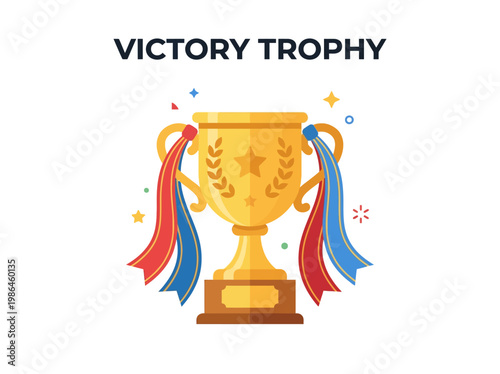 Golden victory trophy with red and blue ribbons, symbolizing achievement and success, perfect for awards and recognition