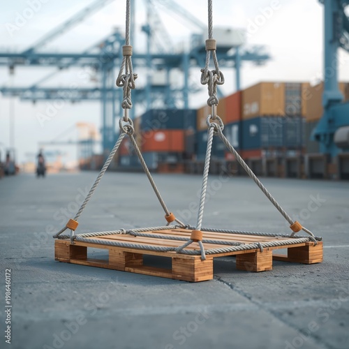 Wooden pallet suspended by ropes in a harbor setting