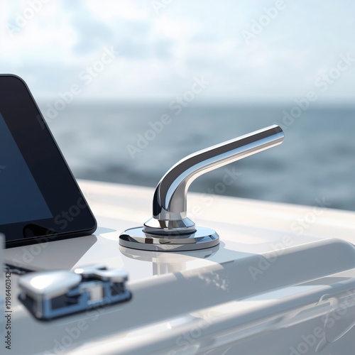 Chrome boat handle and tablet device on yacht deck with ocean