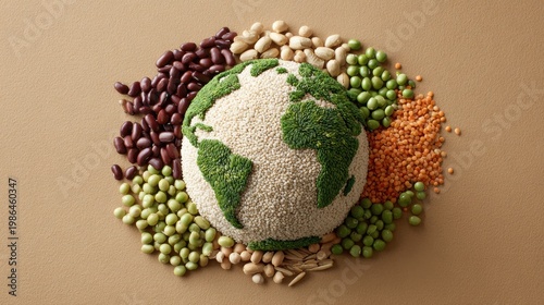 Globe made from assorted grains and seeds surrounded by different varieties