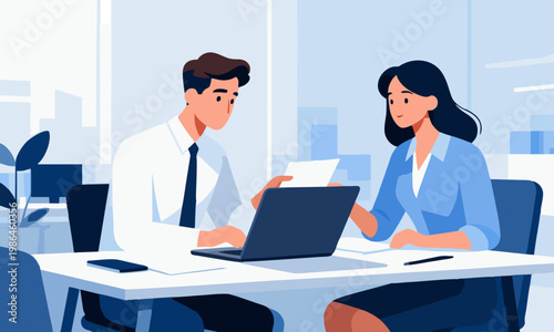 Flat vector illustration of two young professionals, a man and a woman, collaborating while reviewing work on a laptop in a corporate office setting
