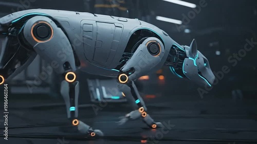 A futuristic robotic dog with glowing blue lines.