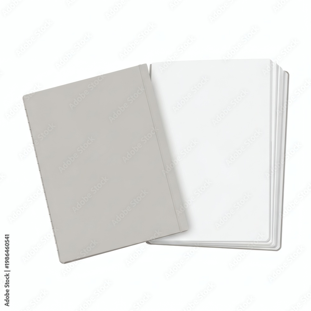 Naklejka premium A stack of blank white paper sheets and a gray cover on a plain background
