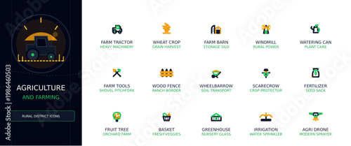 Agriculture and Farming Rural District Icon Set with Modern Farm Equipment and Traditional Tools
