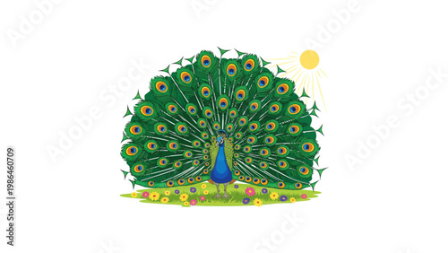 Peacock spreading colorful vibrant green feathers.