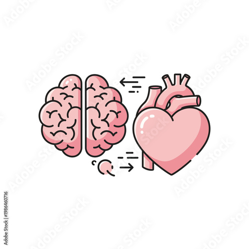 Conceptual vector illustration featuring a pink human brain and an anatomical heart side by side with directional arrows, representing the synergy between logic, emotion, and intuition.