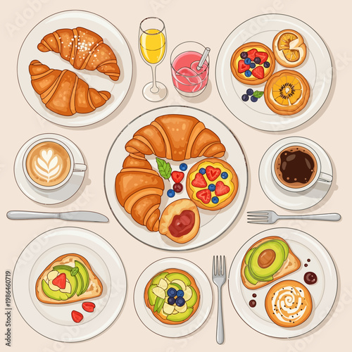 Flat lay vector illustration of a brunch table setting featuring golden croissants, berry fruit tarts, avocado toast with strawberries, latte art coffee, and fresh orange juice.