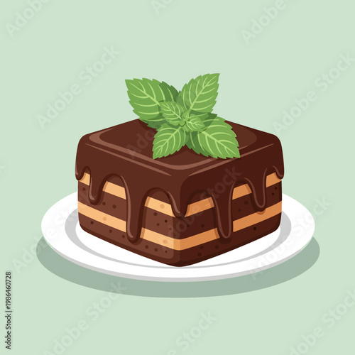 Square layered chocolate cake with dripping dark chocolate ganache glaze and fresh mint leaves topping, served on a white plate, flat vector illustration on a green background.