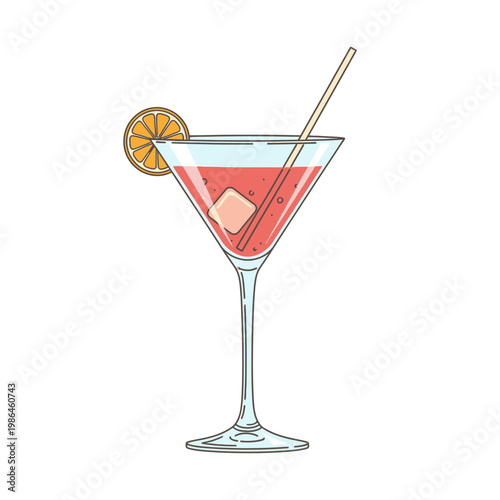 Vector illustration of a pink cosmopolitan cocktail in a stem martini glass garnished with an orange slice, ice cube, and drinking straw, isolated on a plain white background.