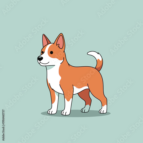 A vector illustration of a friendly ginger and white village dog with pointy ears and a curled tail standing on a light blue background, stylized flat cartoon design for graphic use.