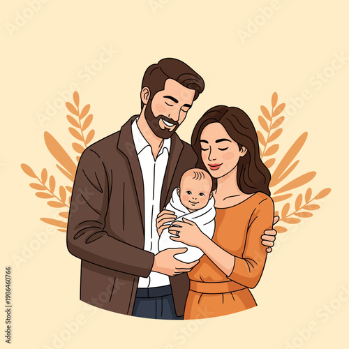 Vector illustration of a young family featuring a smiling father with a beard and a mother in an orange dress holding their swaddled newborn infant against a decorative leaf background.