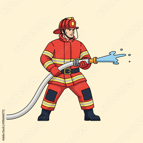 Vector illustration of a male firefighter wearing red protective gear, a helmet, and gloves, holding a high-pressure hose spraying water, isolated on a light cream background.