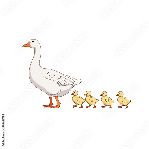 Vector illustration of a white mother goose walking with four small yellow baby goslings following behind in a single file line isolated on a white background.