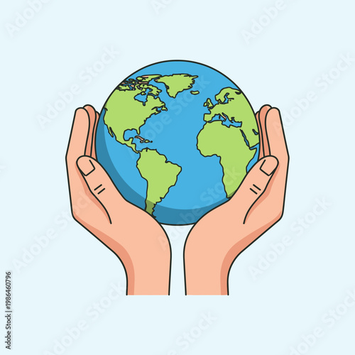 Flat vector illustration of a pair of human hands holding the planet Earth globe depicting North America and South America, symbolizing environmental care and global unity.