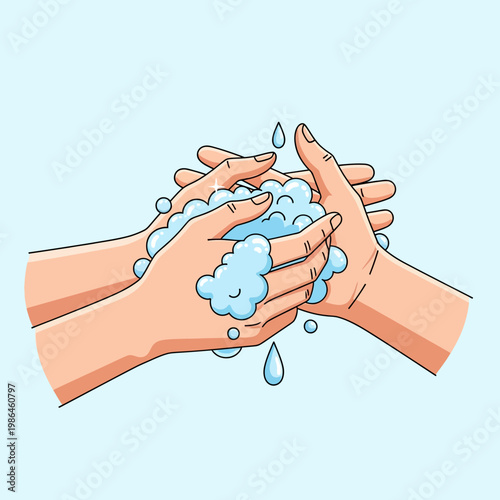 Vector illustration of two human hands rubbing together with blue soap bubbles and water droplets for hygiene and sanitization, isolated on a light blue background.