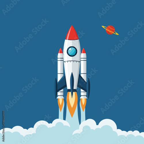 Flat vector illustration of a multi-stage space rocket launching with orange flames and white smoke clouds against a blue background, featuring a ringed planet in the distance.
