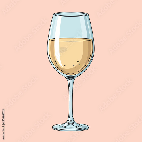 Illustrative drawing of a tall wine glass filled with pale yellow white wine or sauvignon blanc, featuring bubbles and reflections, isolated on a solid light pink background.