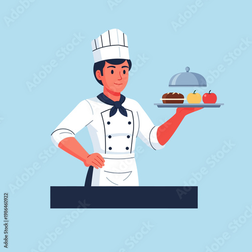 Vector illustration of a male chef in professional white uniform and toque holding a tray with a burger, apples, and a silver cloche lid, isolated on a light blue background.