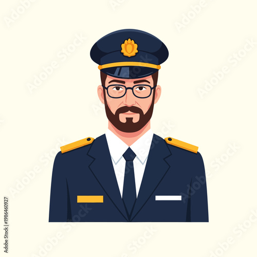 Flat vector illustration of a professional male pilot or naval captain with a beard and glasses wearing a dark blue formal uniform with gold epaulettes and a peaked cap.