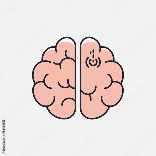 Vector illustration of human brain hemispheres in superior view featuring a power button symbol on one side, representing stroke awareness, neurology, and cognitive health.