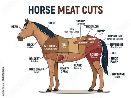 Diagram showing different cuts of horse meat with labels for each section of the animal