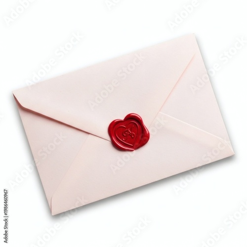A pink envelope with a red heart-shaped wax seal on a white background