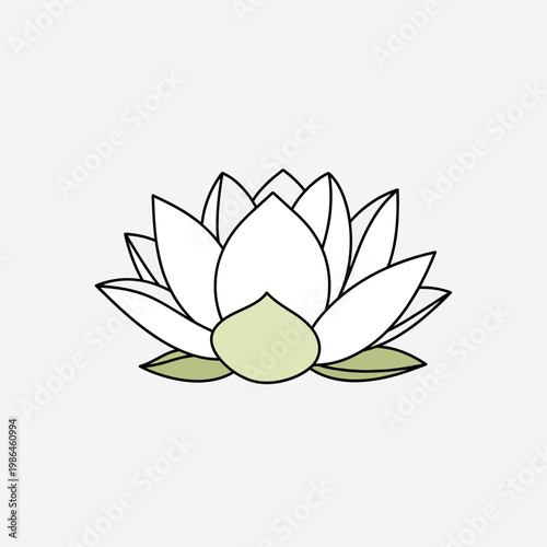 Minimalist vector illustration of a white lotus flower with black outlines and light green petal base, isolated on a white background for wellness, spa, and yoga design themes.