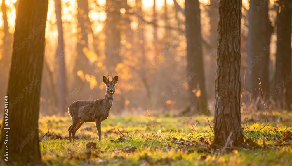 Obraz premium Majestic Roe Deer Standing in Golden Forest Sunlight at Dawn.