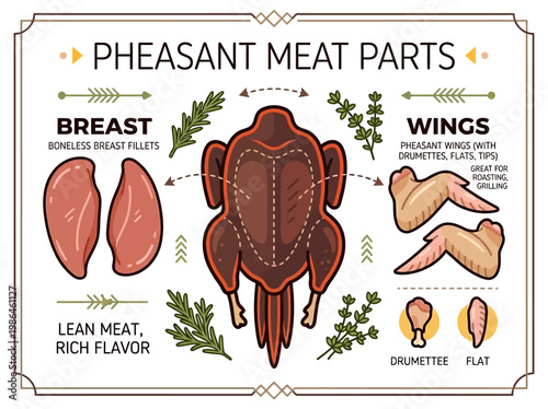 Diagram illustrating the different cuts of meat from a pheasant, including breast and wings