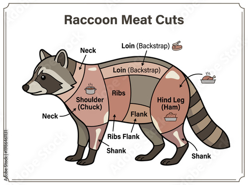 Diagram illustrating the different meat cuts from a raccoon, detailing portions like the loin, ribs, shank, and hind leg