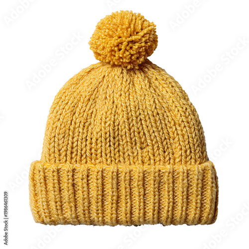 yellow knitted beanie with pompom, isolated on transparent background
