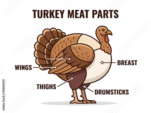 A visual guide to the different parts of a turkey, including breast, wings, thighs, and drumsticks