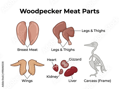 Diagram illustrating the different edible meat parts of a woodpcker, including breast, legs, thighs, wings, heart, gizzard, liver, and carcass