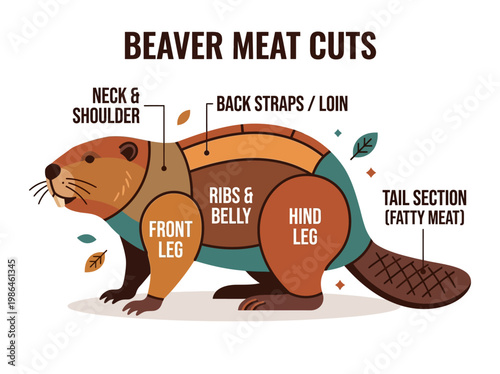 Diagram Illustrating Different Meat Cuts of a Beaver for Culinary Purposes