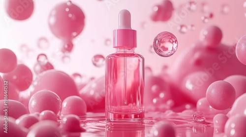 Pink Serum Bottle Surrounded by Bubbles and Abstract Shapes.