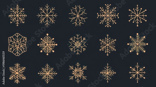 Collection of Golden Snowflakes on Dark Background.