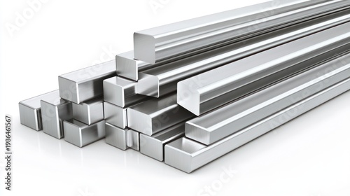 Stack of Shiny Metal Square Bars on White Background.