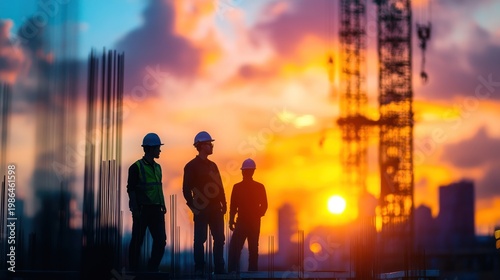 Construction workers silhouetted against a vibrant sunset at a building site with cranes.