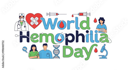 World Hemophilia Day is visually represented in a vector illustration with medical icons, including a doctor, syringe, and microscope, all set against a clean white background to promote