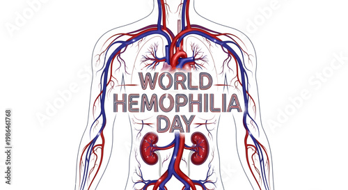 Anatomical illustration displaying the circulatory system and internal organs, overlaid with 'World Hemophilia Day' text in support of medical awareness, set against a clean white