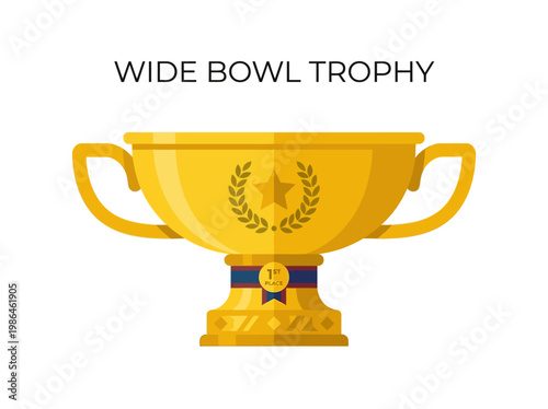 Golden trophy cup with laurel wreath and ribbon, award for achievement and victory
