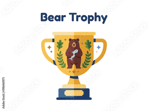 A golden trophy with a bear and fish illustration, symbolizing achievement and victory in a competition or award ceremony