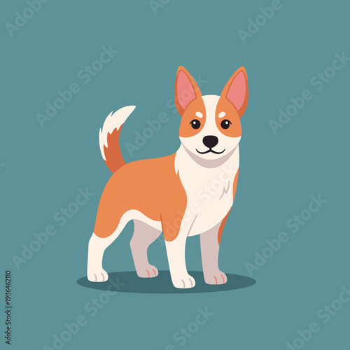 Vector illustration of a friendly orange and white mixed breed dog standing alert on a teal background. The stylized cartoon canine features pointed ears, a curled tail, and a happy expression.